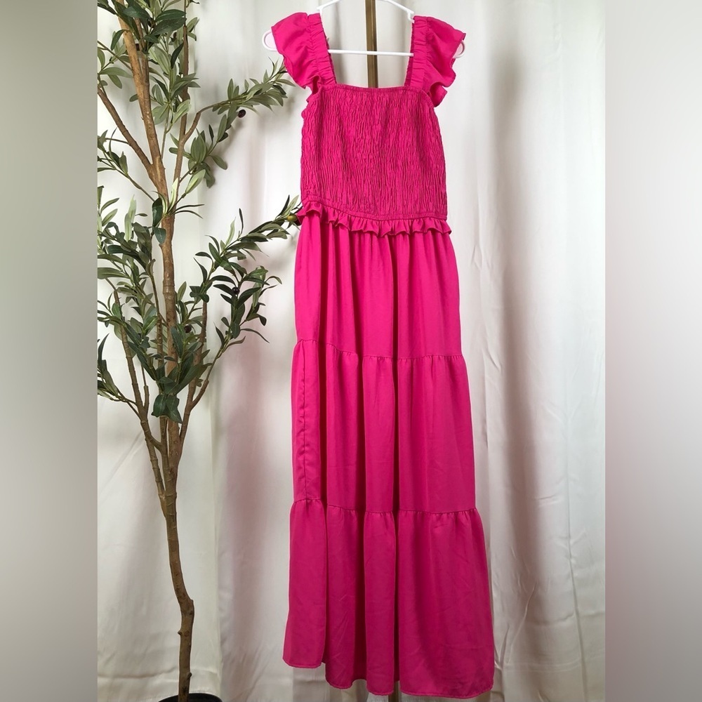 Fuchsia Maxi Smocked Tiered Dress with Ruffles Sz M (DJ3)